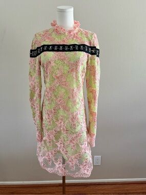 Marques’ Almeida Lace Long-Sleeve Shift Dress in Pastel Pink and Light Green
